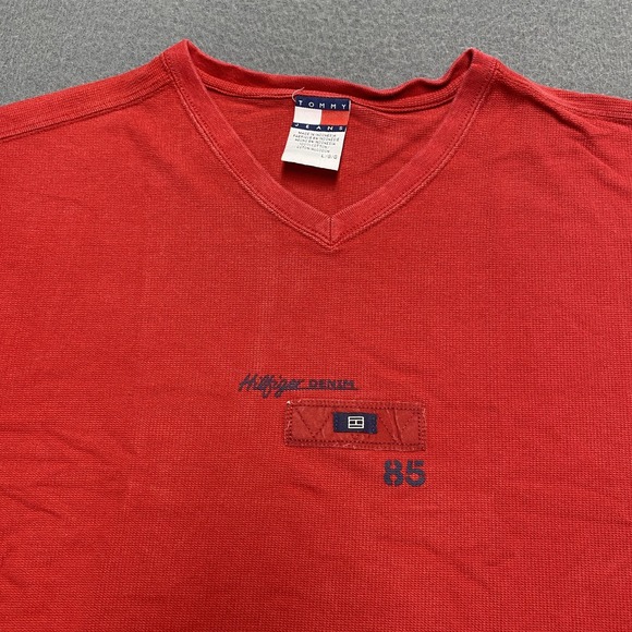 Tommy Jeans Hilfiger Denim Shirt Mens Large Red V Neck‎ 85 Logo Casual 2000s - Picture 3 of 9
